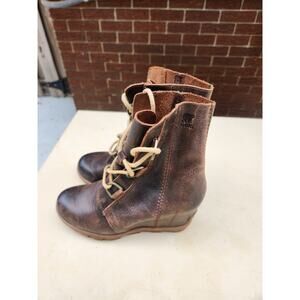 Sorel Womens Joan of Arc Wedge 11 Distressed Brown Leather Ankle Boots sz 7.5